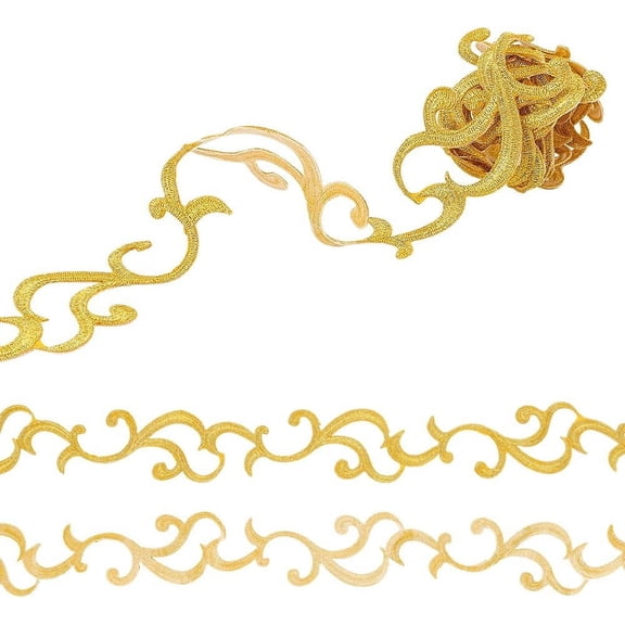 1.09 Yards Iron-On Vintage Floral Embroidery Trim Applique Gold Wave Pattern Lace Ribbon (45mm/1-3/4 inch Wide) for DIY Crafts Sewing Clothes Gift Wrapping Gold
