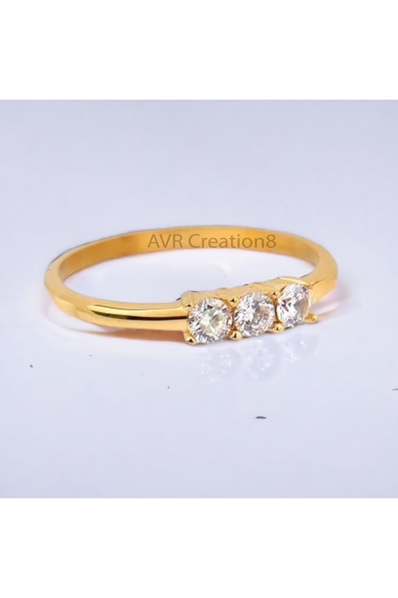 Three Stone Diamond Wedding Ring for Women, 14K Yellow Gold Plated Minimalist Stackable Band