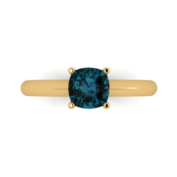 1.0ct Cushion Cut Blue Natural London Blue Topaz 18k Yellow Gold Engraving Statement Bridal Wedding Solitaire Designer Ring Size 8.5