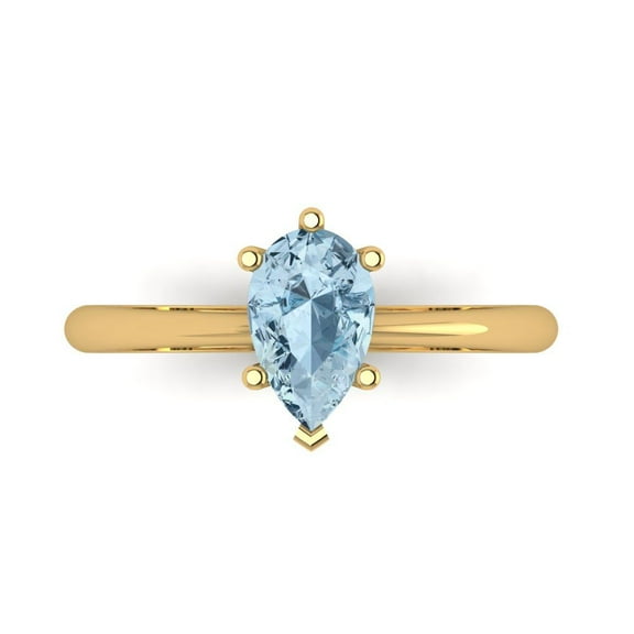 1.0ct Pear Cut Blue Natural Aquamarine 14k Yellow Gold Engraving Statement Bridal Wedding Solitaire Designer Ring Size 7.5