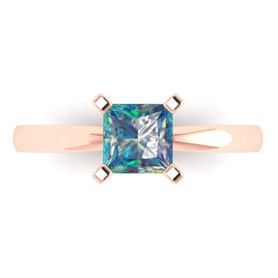 1.0ct Princess Cut Blue Moissanite 18k Pink Rose Gold Engraving Statement Bridal Wedding Solitaire Designer Ring Size 9