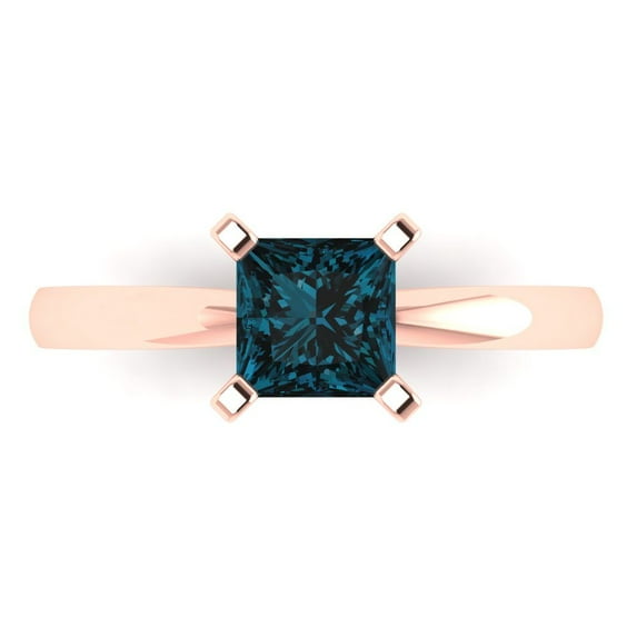 1.0ct Princess Cut Blue Natural London Blue Topaz 14k Pink Rose Gold Engraving Statement Bridal Wedding Designer Ring Size 8