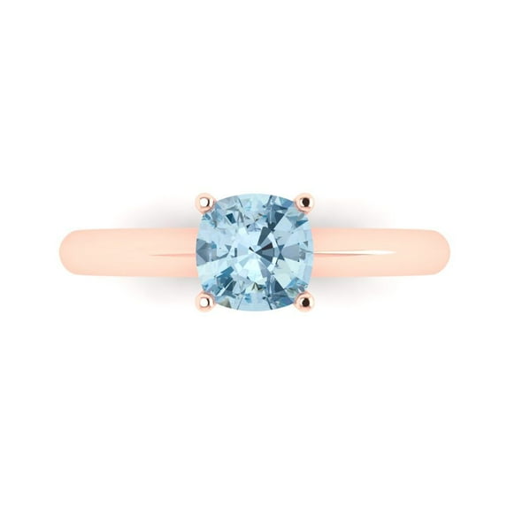 Clara Pucci 14K Rose Gold Solid Gold Blue Solitaire Anniversary Ring for Women - 1 cttw Cushion Cut