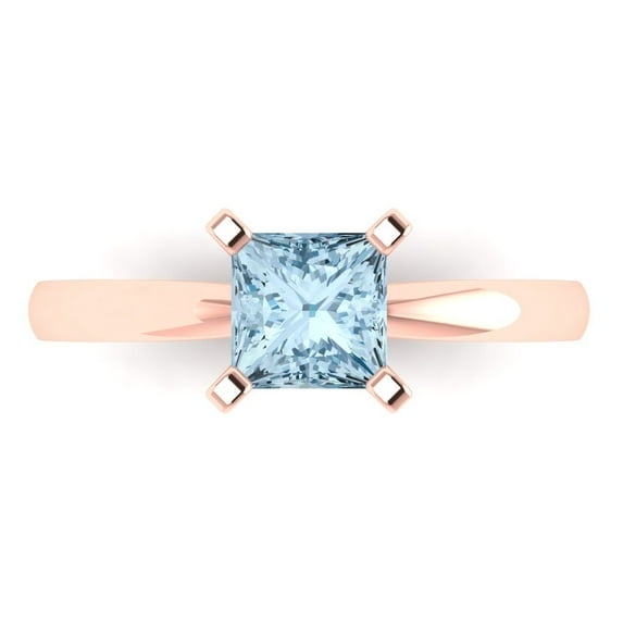 Clara Pucci 14K Rose Gold Solid Gold SwissBlueTopaz Solitaire Anniversary Ring for Women - 1 cttw Princess Cut