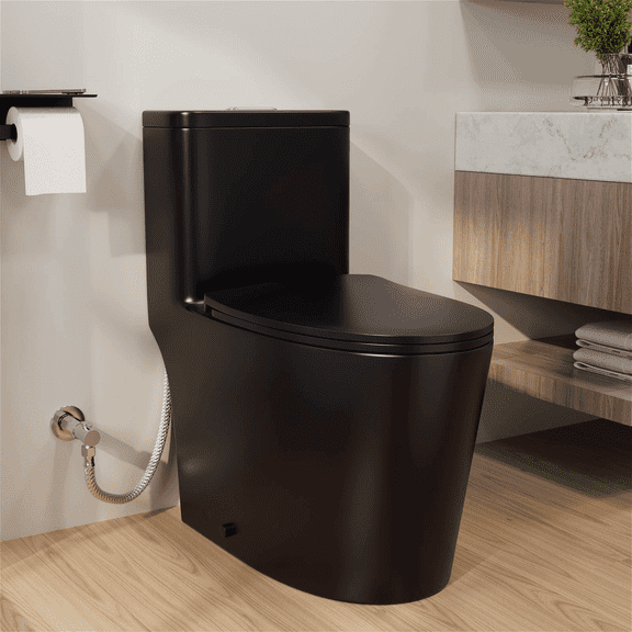 1.1/1.28 GPF Dual-Flush Elongated One-Piece Toilet in Black, Water Sense Certified, Comfort Chair Height with Antimicrobial Glazed Surface (Seat Included)