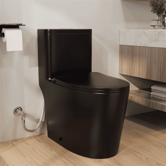 1.1/1.28 GPF Dual-Flush Elongated One-Piece Toilet in Black, Water Sense Certified, Comfort Chair Height with Gloss Glazed Surface (Seat Included)