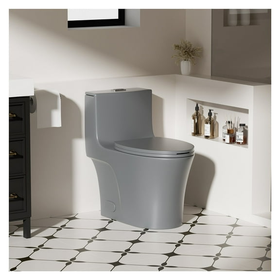 1.1/1.6 GPF Tornado Flush One-Piece Toilet Elongated, Siphonic S-trap 12",Soft Closing Seat, Button on Tank top ,Powerful Dual Flush MAP 1000g, Comfort Chair Seat ADA Height 17", Light gray LG-002