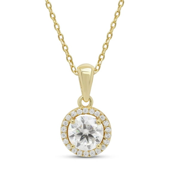 1 1/10 ct. t.w Center 6.5MM Round Cut Lab Created Moissanite Diamond Halo Pendant Necklace In 14k Yellow Gold Over Sterling Silver, 18" Chain (VVS1 Clarity, 1.10 Cttw)