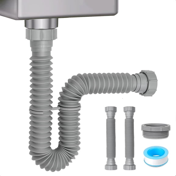 1-1/2" & 1-1/4" P-trap with Adapter, Flexible Sink Drain Pipe, Adjustable P Trap for Bathroom Kit, Kitchen Garbage Disposal, Gray-2Pack