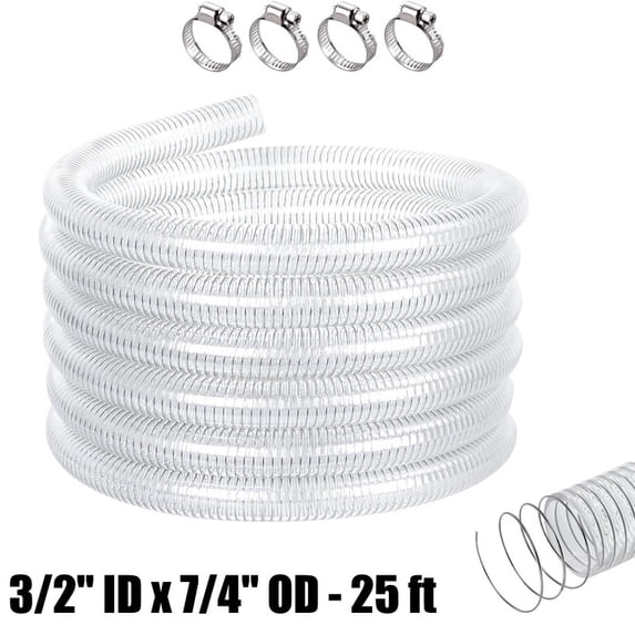 1-1/2" 25Ft Clear Flexible PVC Tubing, High Pressure Braided Steel Wire Reinforced Heavy Duty Hose, UV & Chemical Resistant with 4 Clamps, for Boat Marine Pump, Dust Collection, Water Fuel Gas Drain