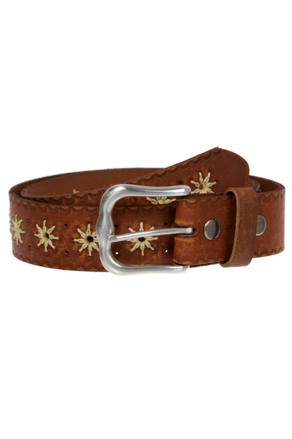 1 1/2" (38 mm) Snap on Western Vintage Embossed Sunflower Leather Belt