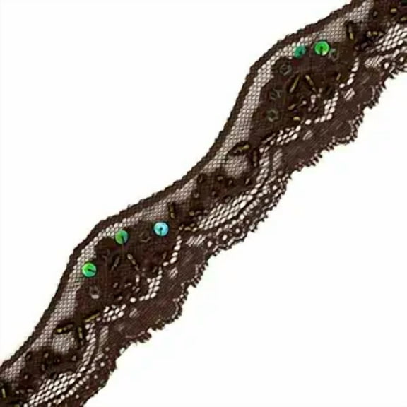 1-1/2" Beaded Sequin Stretched Lace Trim by 2-yards, SEE-SL-0058-BD (Brown)