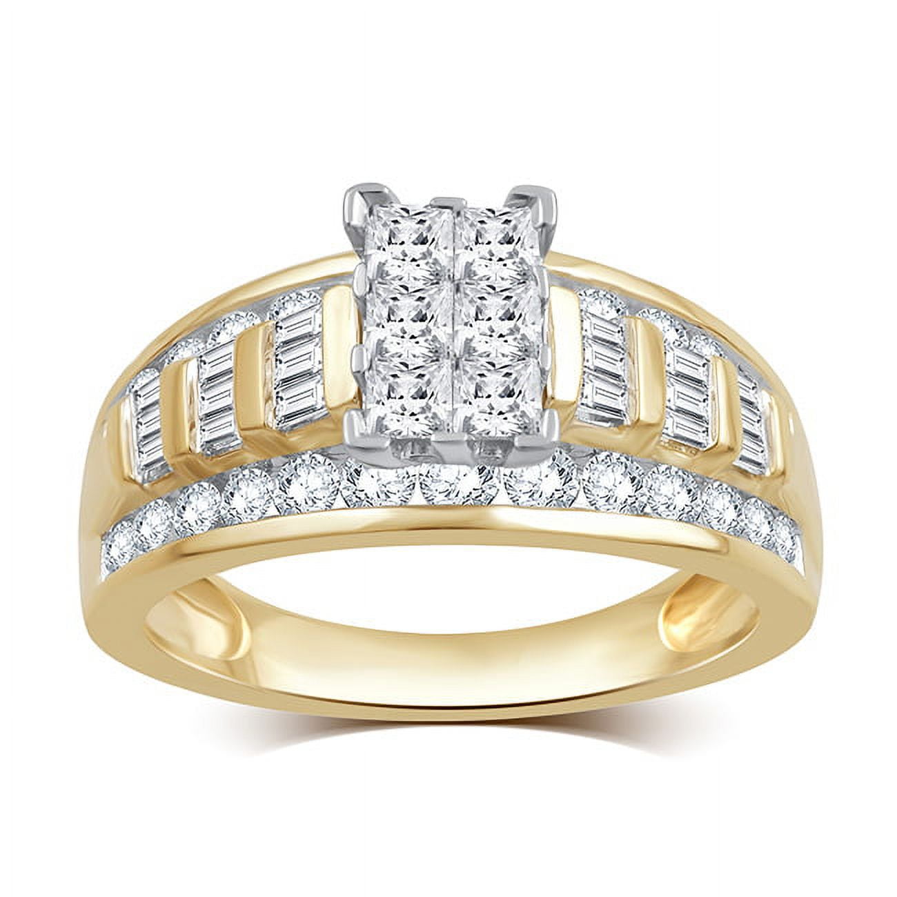 1 1/2 CTTW Diamond Cluster 10K Yellow Gold Engagement Ring. (I-J/I2-I3)