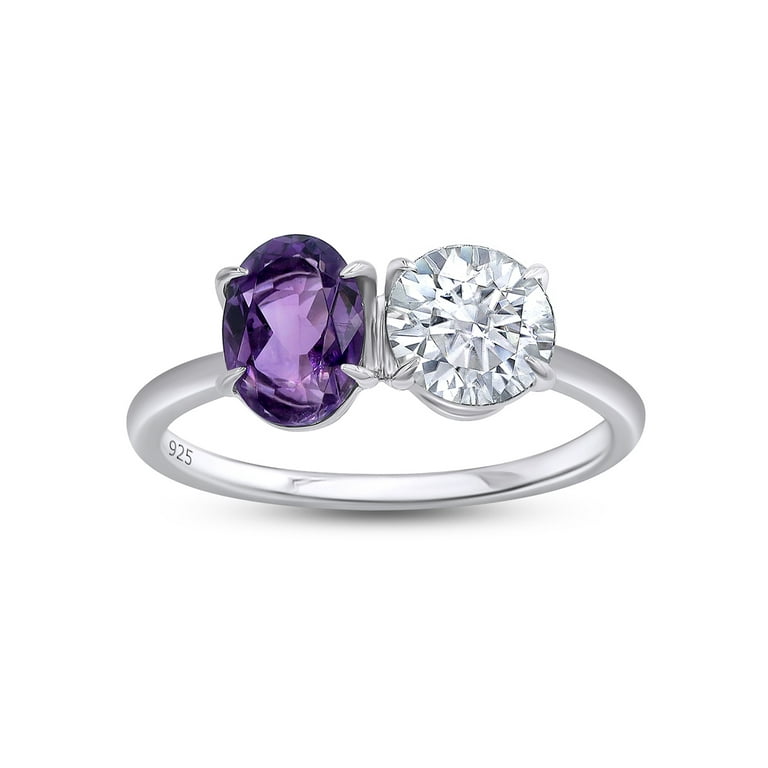 Three Stone 8*6mm Emerald Cut Amethyst & Round Sim. Diamond 925 Sterling Silver/White Gold/Yellow popular Gold/Rose Gold Engagement Promise Ring