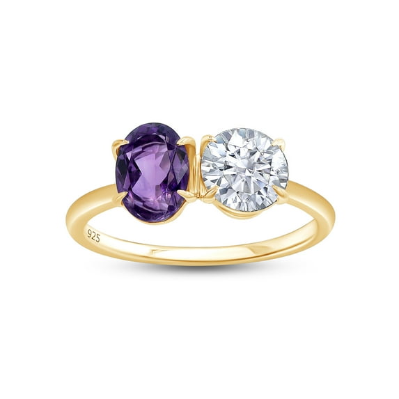 1 1/2 Carat 7X5MM Oval Shape Natural Amethyst & 6MM Round Cut Lab Created Moissanite Diamond Toi Et Moi 2-Stone Engagement Ring For Women In 14K Yellow Gold Over Sterling Silver(1.50Cttw)-5.5