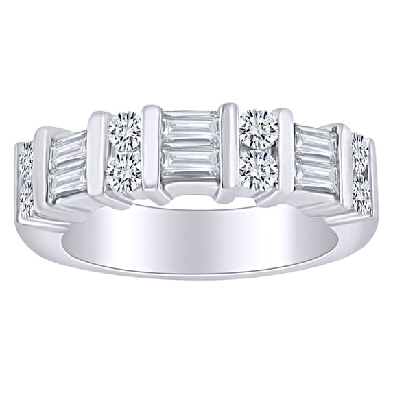 AFFY 1 1/2 Carat Baguette & Round White Natural Diamond Channel Set Wedding Band Ring 14k Solid White Gold (1.5Cttw) Ring Size-9.5