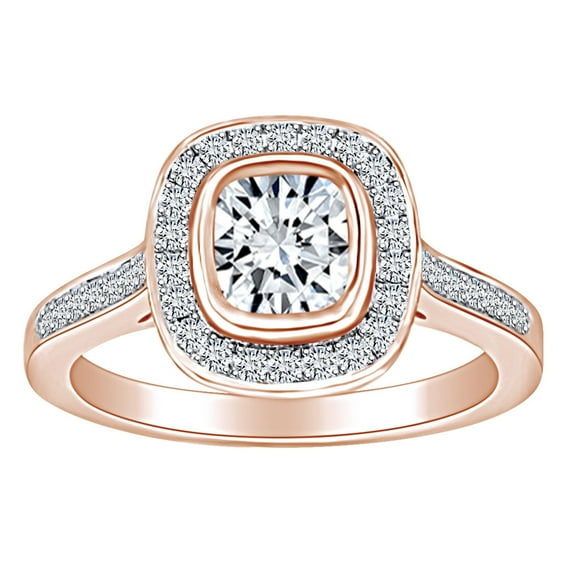 AFFY 1 1/2 Carat Cushion & Round Cut White Natural Diamond Halo Engagement Ring In 14k Solid Rose Gold (1.50 Cttw) Ring Size-7.5
