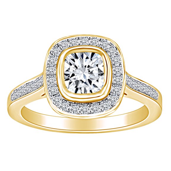 AFFY 1 1/2 Carat Cushion & Round Cut White Natural Diamond Halo Engagement Ring In 14k Solid Yellow Gold (1.50 Cttw) Ring Size-8.5