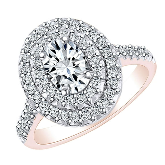 AFFY 1 1/2 Carat Oval & Round White Natural Diamond Double Halo Engagement Ring In 14k Solid Rose Gold (1.5 Cttw) Ring Size-8.5