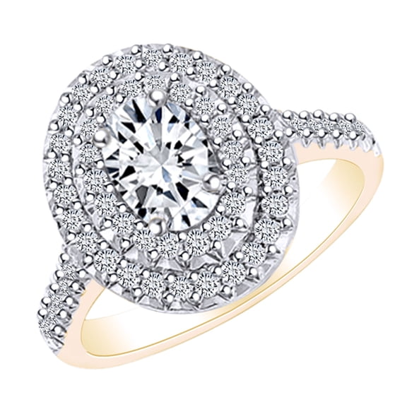 AFFY 1 1/2 Carat Oval & Round White Natural Diamond Double Halo Engagement Ring In 14k Solid Yellow Gold (1.5 Cttw) Ring Size-6.5