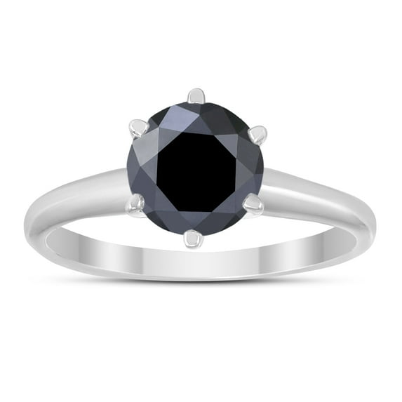 1 1/2 Carat Round Black Diamond Solitaire Ring in 14k White Gold