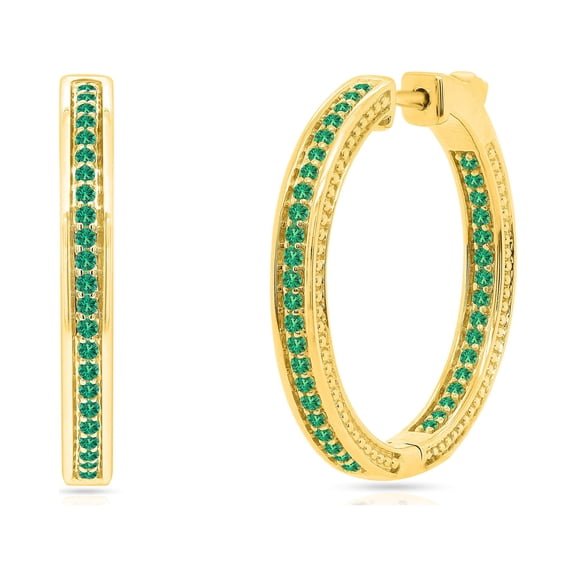 1 1/2 Carat Round Cut Green Emerald Inside-Outside Huggie Hoop Earrings for Women - Hypoallergenic Jewelry for Sensitive Ears Large Big Hoop Earrings 14k Yellow Gold Over Sterling Silver (1.55 Cttw)