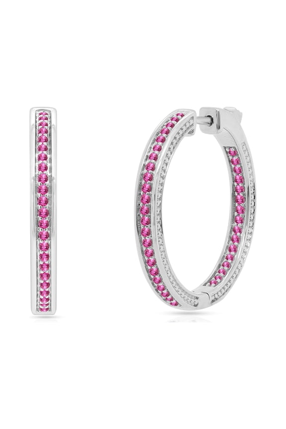 1 1/2 Carat Round Cut Pink Sapphire Inside-Outside Huggie Hoop Earrings for Women - Hypoallergenic Jewelry for Sensitive Ears Large Big Hoop Earrings In 14k White Gold Over Sterling Silver (1.55 Cttw)
