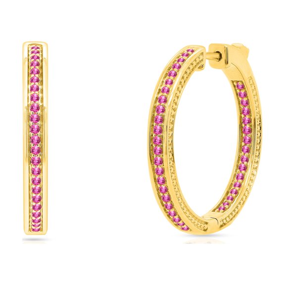 1 1/2 Carat Round Cut Pink Sapphire Inside-Outside Huggie Hoop Earrings for Women - Hypoallergenic Jewelry for Sensitive Ears Large Big Hoop Earrings In 14k Yellow Gold Over Sterling Silver (1.55Cttw)