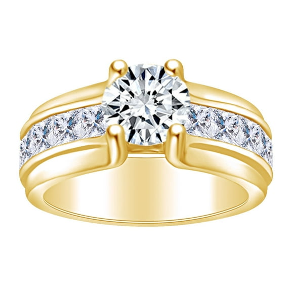 AFFY 1 1/2 Carat Round & Princess Cut White Natural Diamond Engagement Ring In 14k Solid Yellow Gold (1.50 Cttw) Ring Size-10