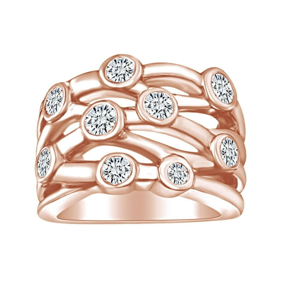 AFFY 1 1/2 Carat Round White Natural Diamond Bezel Set Bubbels Anniversary Ring In 14k Solid Rose Gold (1.50 Cttw) Ring Size-7.5