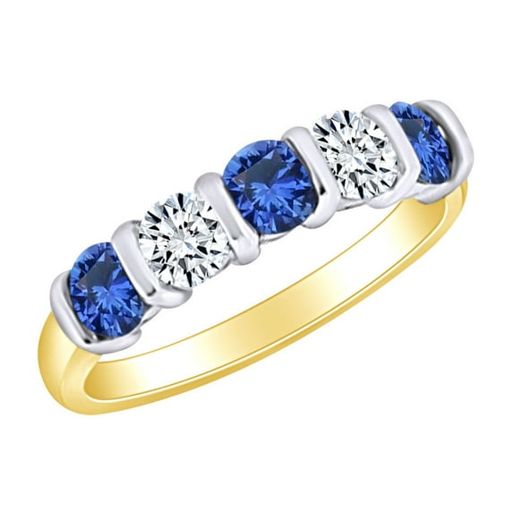 AFFY 1 1/2 Carat Simulated Blue Sapphire & White Natural Diamond Eternity Wedding Band Ring 14k Solid Yellow Gold Ring Size-8.5