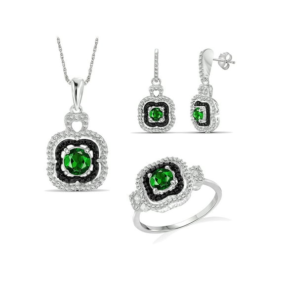 1 1/2 Carat T.G.W. Chrome Diopside And Black & White Diamond Accent SterlIng Silver 3-Piece Jewelry set