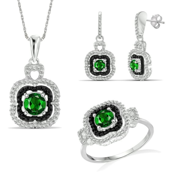 1 1/2 Carat T.G.W. Chrome Diopside And Black & White Diamond Accent SterlIng Silver 3-Piece Jewelry set