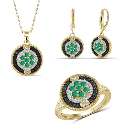 1 1/2 Carat T.G.W. Emerald And Black & White Diamond Accent 14k Gold Over Silver 3-Piece Jewelry Set