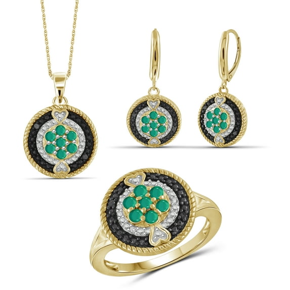 1 1/2 Carat T.G.W. Emerald And Black & White Diamond Accent 14k Gold Over Silver 3-Piece Jewelry Set