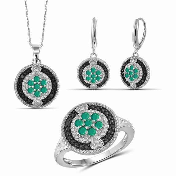 1 1/2 Carat T.G.W. Emerald And Black White Diamond Accent Sterling Silver 3-Piece Jewelry Set