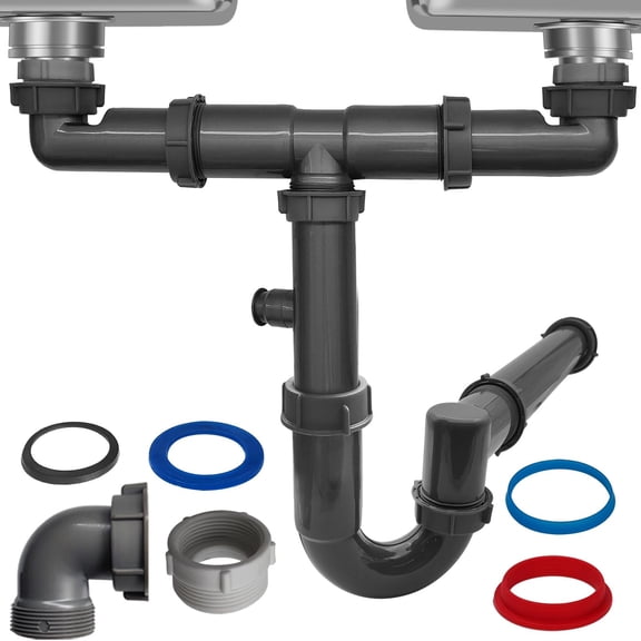 1-1/2" Double Sink Drain Pipe Kit with Wall Outlet, Complete Plumbing Replacement for Kitchen Sinks