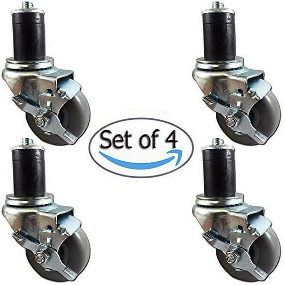 1-1/2" Expanding Stem Casters With Brakes - Set of 4 - 3" Gray Polyurethane Wheel - Kitchen Prep Table and Work Table Casters - CasterHQ Brand