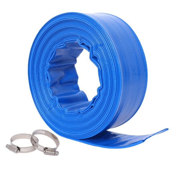 1-1/2"(Flat 2.6") widthx 50 FT Pool Backwash Hose, Blue Heavy Duty Reinforced PVC Lay Flat Water Discharge Hose for Swimming Pool Filter Pump,with 2 Clamp,