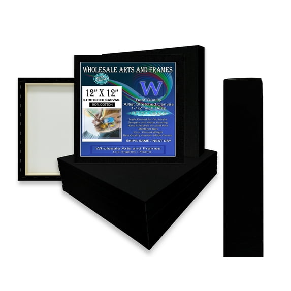 1-1/2" Gallery Depth Black Stretched Canvas 12x12 10 Pack 13oz Professional Artist Quality, 100% Cotton, Art Supplies for Crafts, Gesso-Primed for Oil, Acrylic & Mixed Media
