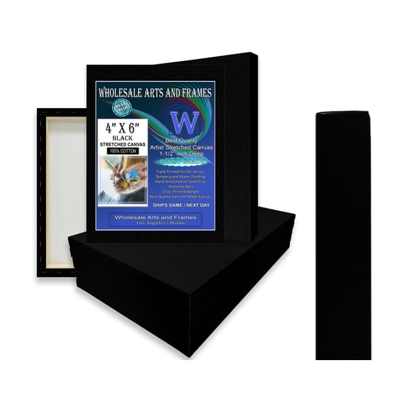 1-1/2" Gallery Depth Black Stretched Canvas 4x6 20 Pack 13oz Professional Artist Quality, 100% Cotton, Art Supplies for Crafts, Gesso-Primed for Oil & Acrylic Hand Stretched in USA