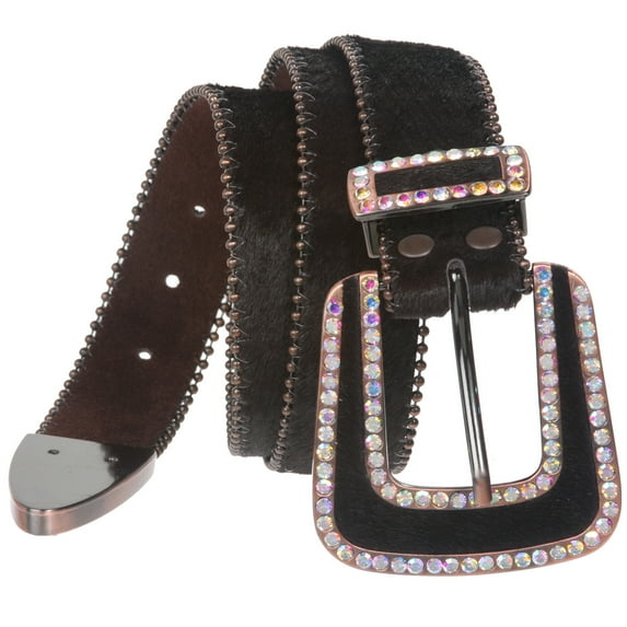 1 1/2" Hair Calf Rhinestone Ornaments Genuine Leather Belt