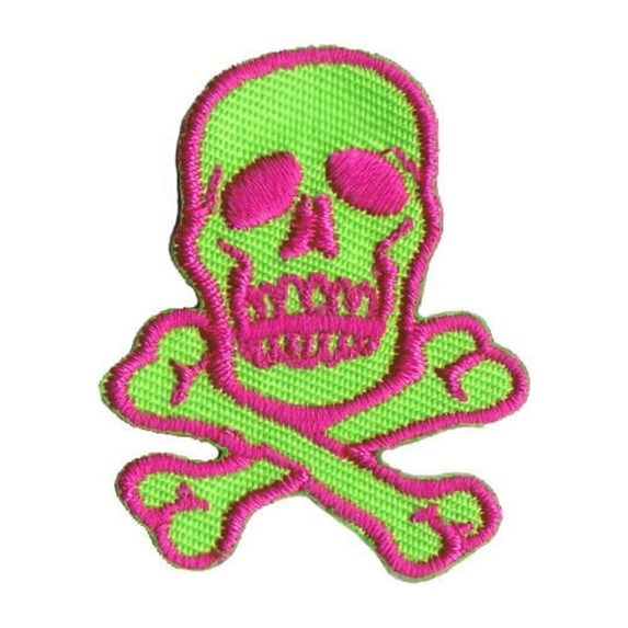 1 1/2 INCH Skull Crossbones Pink On Bright Green Patch Danger Iron On Applique