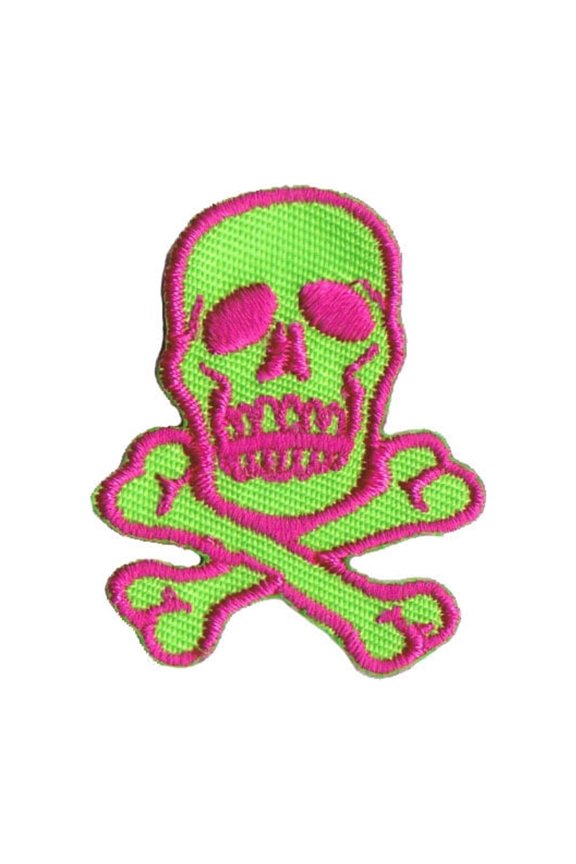 1 1/2 INCH Skull Crossbones Pink On Bright Green Patch Danger Iron On Applique