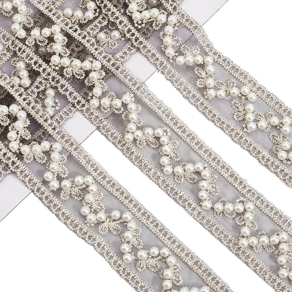 1 1/2 Inch Black Embroidered Floral Lace Ribbon Pearl Beaded Embroidery Woven Polyester Fabric Trim Tape Flower Jacquard Applique Ribbons