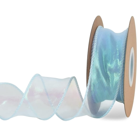 1-1/2 Inch Wide Laser Light Sky Blue Wired Chiffon Ribbon Shimmer Sheer Organza Ribbons for Crafts Floral Bouquets Wedding Party Decorations Valentine's Day Gift Wrapping Bow Making (10yd) shiny blue