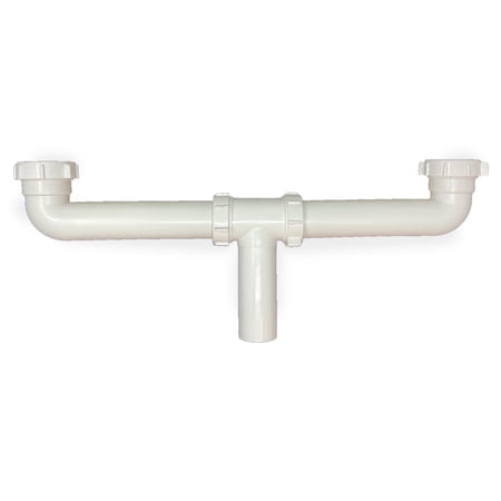1-1/2 Inch x 16 Inch Kitchen Sink End Waste Center Outlet with Baffle in Tee, Slip Joint Connection for Tubular Drain Applications, White Polypropylene