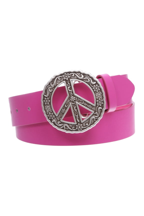 1 1/2" Snap On Belt With Round Perforated Floral Engraving Peace Sign Belt Buckle