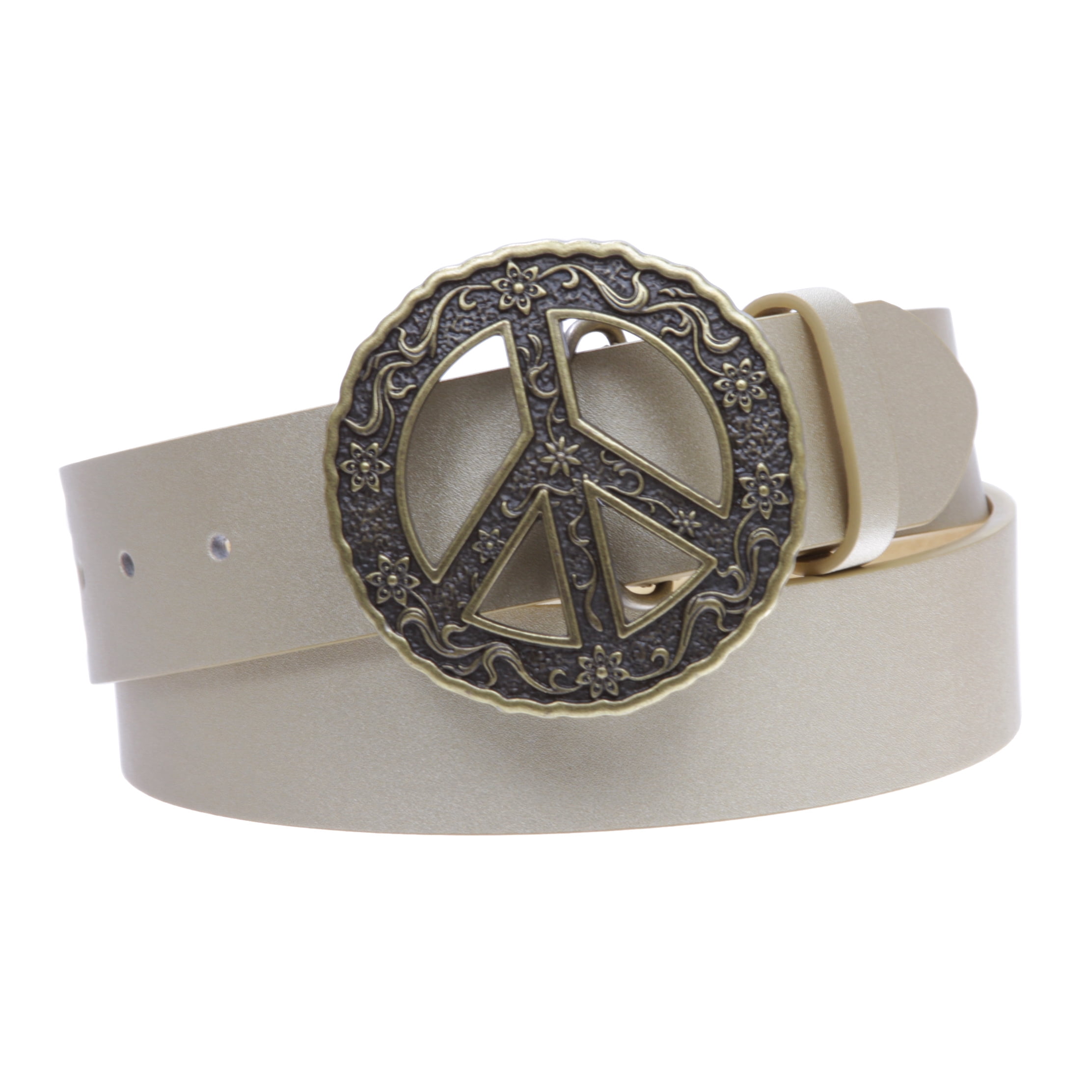 1 1 2 Snap On Belt With Round Perforated Floral Engraving Peace Sign Belt Buckle