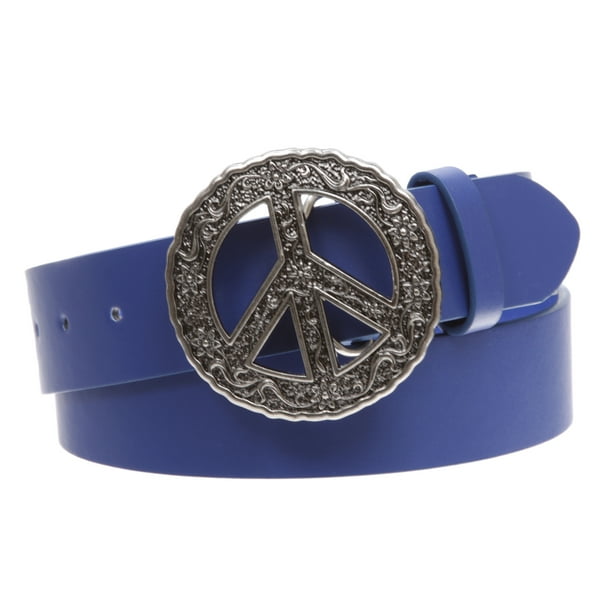 Beltiscool 1 1 2 inch Snap On Belt with Round Perforated Floral Engraving Peace Sign Belt Buckle Women s Size Medium 32 34 Blue